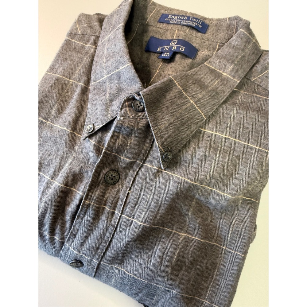 Enro English Twill Shirt Mens 2XL Tall Grey Herringbone Windowpane Button Down